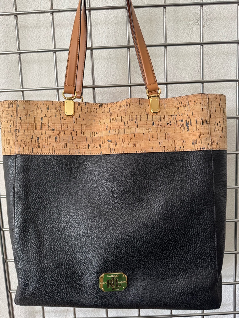 LAUREN Ralph Lauren Black Leather Tote with Cork Trim and Tan Handles